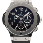 Hublot Genève luxury chronograph wristwatch with black dial, silver case, and black rubber strap