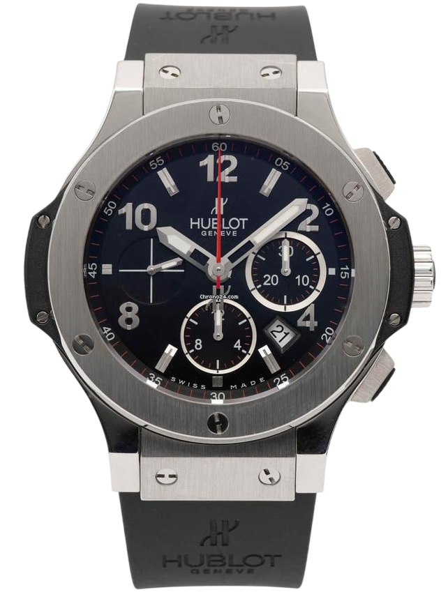 Hublot Genève luxury chronograph wristwatch with black dial, silver case, and black rubber strap