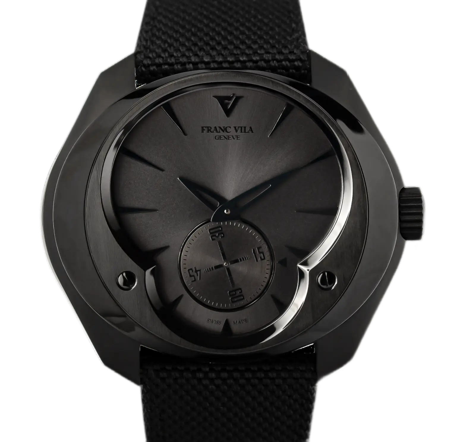 Close-up of a black Franck Vila Genève wristwatch with a dark brushed dial, minimal markers, and a small seconds subdial at 6 o'clock.