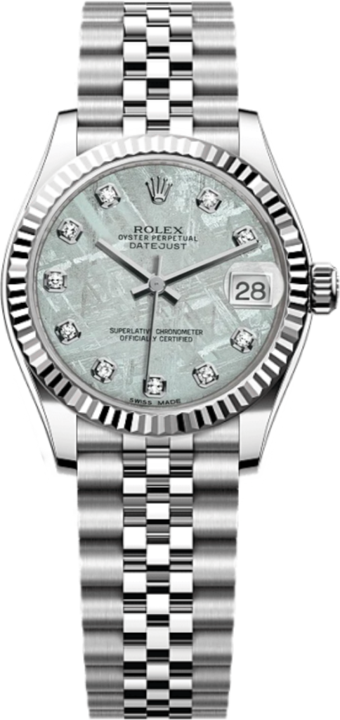 Rolex Datejust stainless steel watch with a fluted bezel, diamond hour markers, and a date window at 3 o'clock on a light dial.
