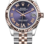 Rolex Datejust wristwatch with a two-tone rose gold and steel bracelet, a fluted bezel, and a purple sunburst dial displaying Roman numerals and a date window at 3 o'clock.