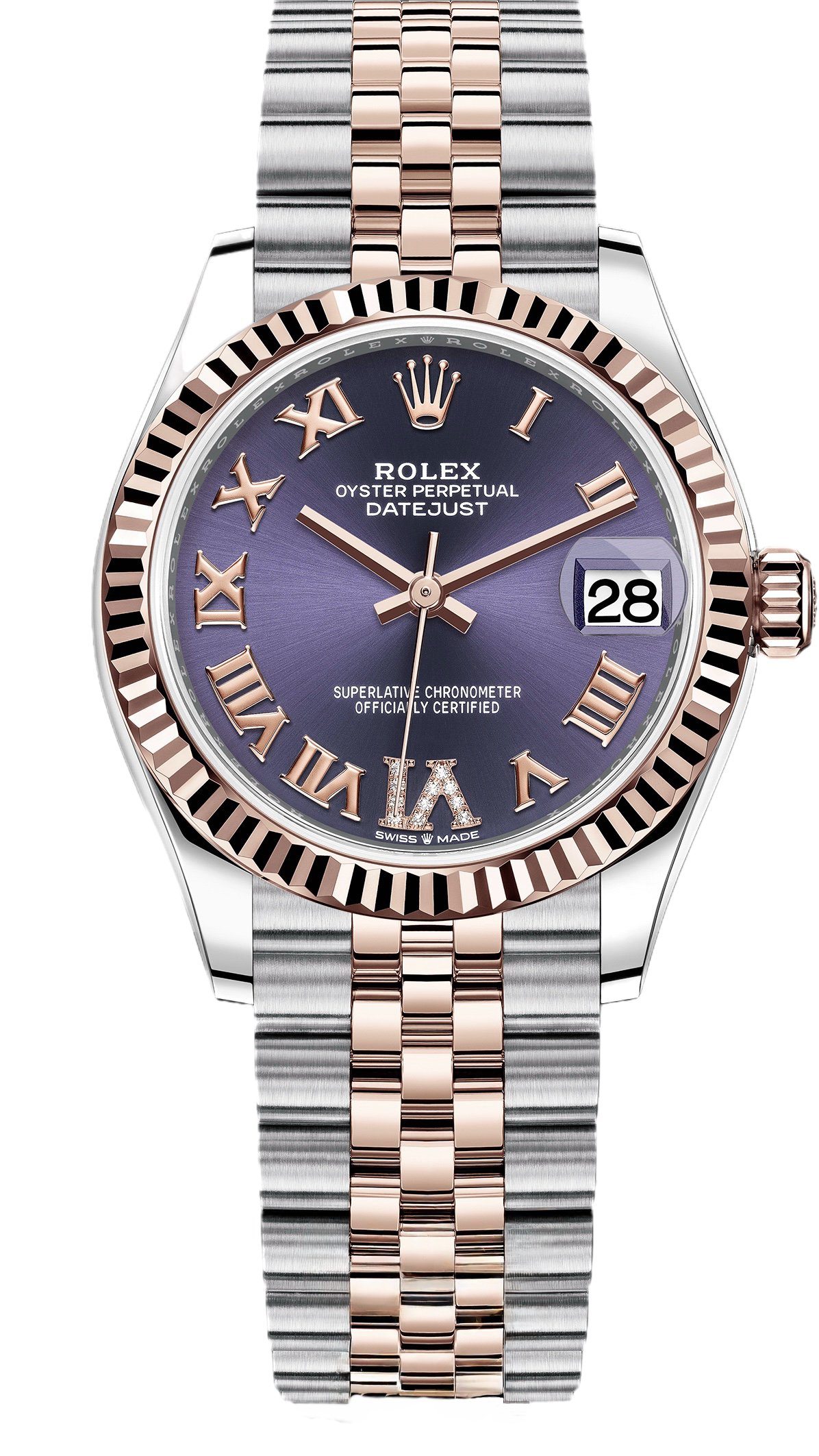 Rolex Datejust wristwatch with a two-tone rose gold and steel bracelet, a fluted bezel, and a purple sunburst dial displaying Roman numerals and a date window at 3 o'clock.