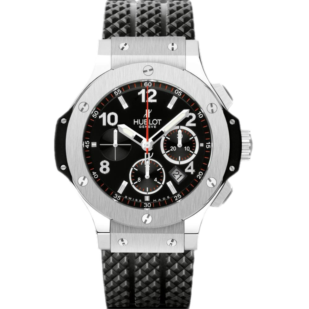 Hublot chronograph watch with stainless steel case, black dial, white numerals, and textured black strap.