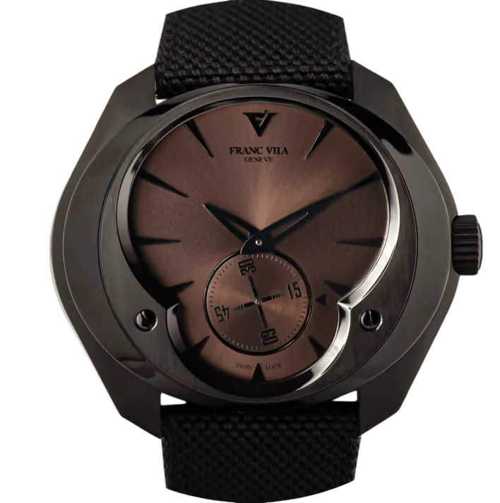 Franc Vila Genève wristwatch with a bronze-brown dial, dark metal case, and black fabric strap.