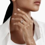 Close-up of a person wearing a silver ring on the index finger, resting against the chin with a white shirt collar visible, showcasing the jewelry piece.