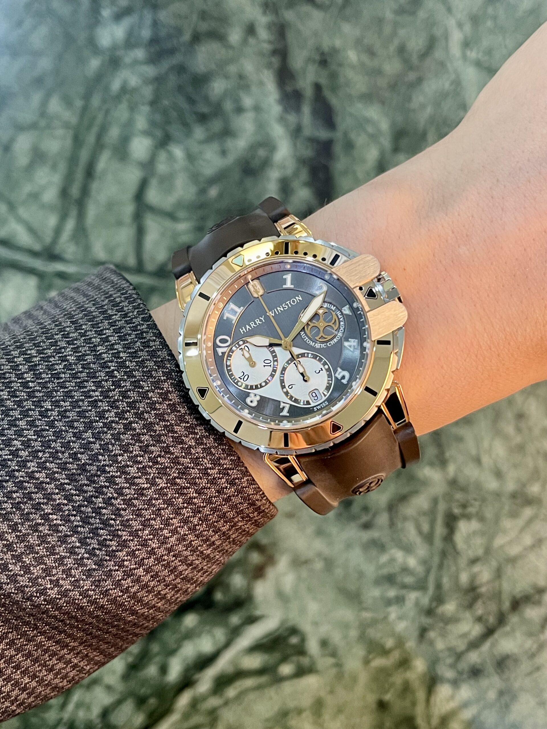 Gold-toned luxury watch with brown strap on the wrist, partial gray textured sleeve, green outdoor background.