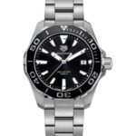 Tag Heuer Aquaracer stainless steel dive watch with black dial, rotating bezel, and date window at 3 o'clock.] ,