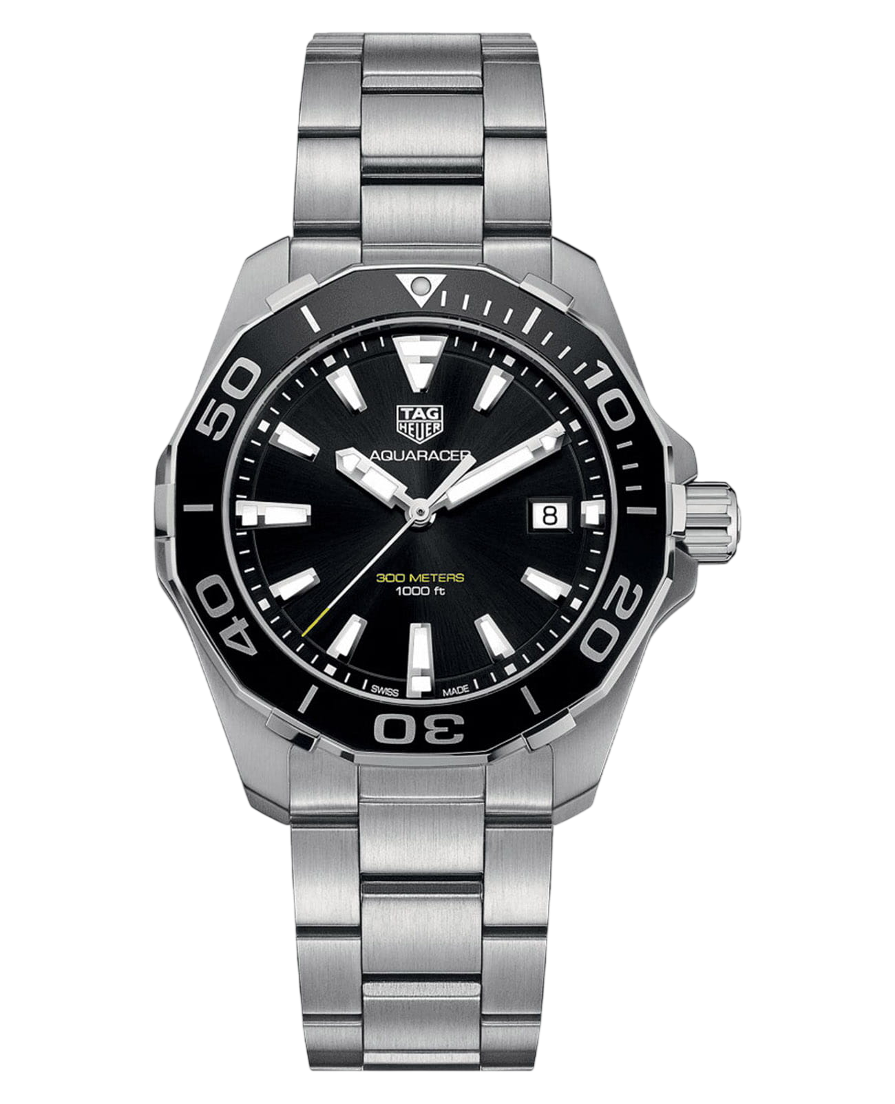 Tag Heuer Aquaracer stainless steel dive watch with black dial, rotating bezel, and date window at 3 o'clock.] ,