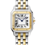 Cartier two-tone gold and steel wristwatch with Roman numerals on a white dial and blue hands, metal bracelet.