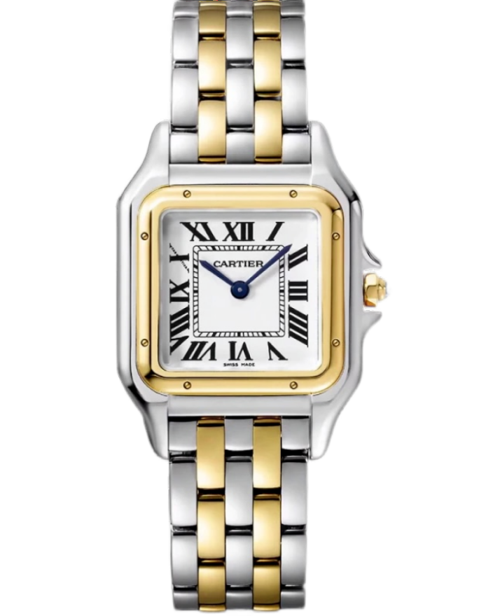 Cartier two-tone gold and steel wristwatch with Roman numerals on a white dial and blue hands, metal bracelet.