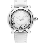 Chopard white luxury wristwatch with a white strap and diamond accents on the dial side, polished silver case, and date window
