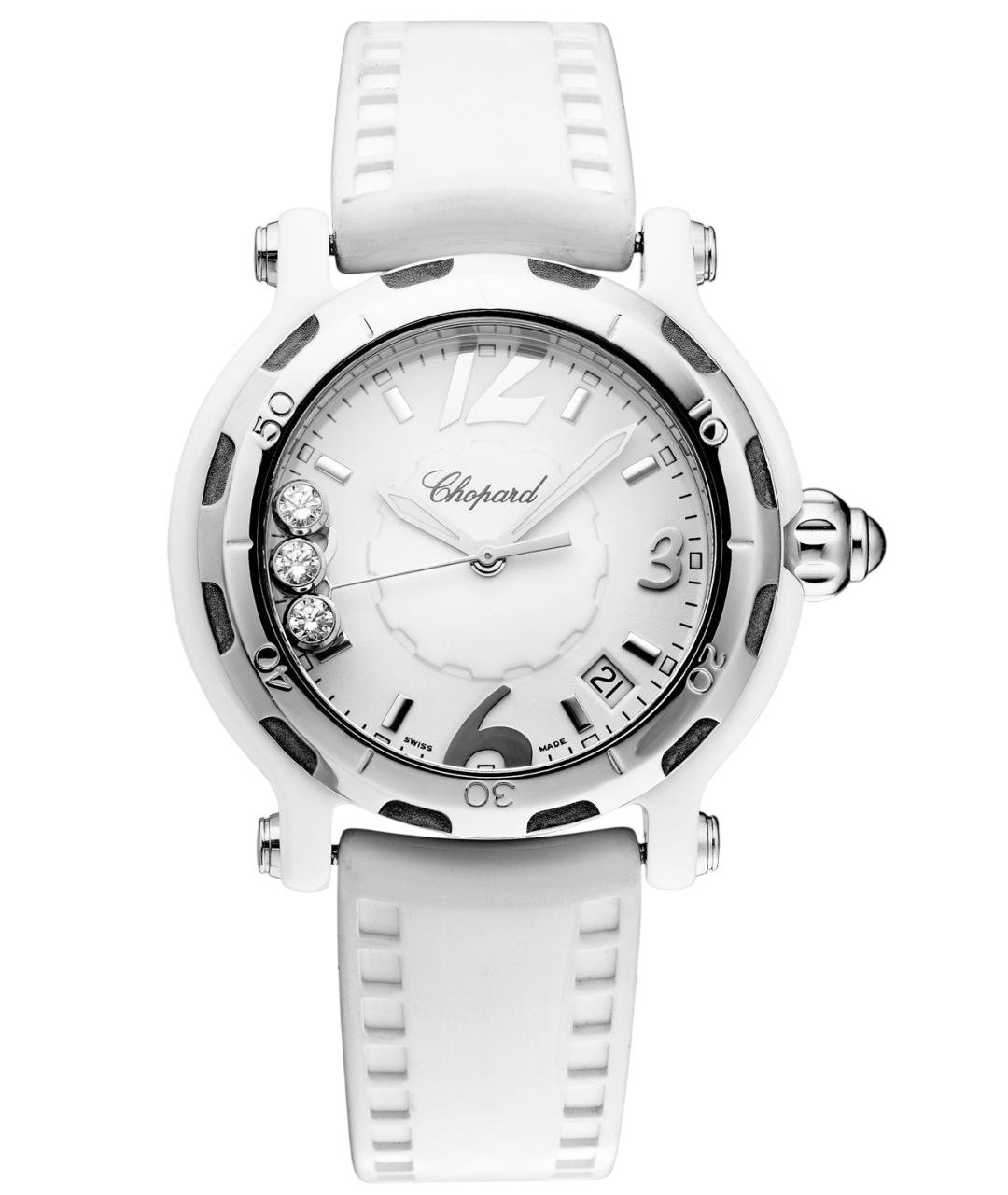 Chopard white luxury wristwatch with a white strap and diamond accents on the dial side, polished silver case, and date window