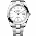 Rolex Oyster Perpetual Datejust stainless steel wristwatch with white dial and date window at 3 o'clock