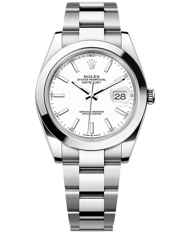 Rolex Oyster Perpetual Datejust stainless steel wristwatch with white dial and date window at 3 o'clock