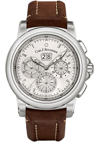 Carl F. Bucherer chronograph watch with white dial, three subdials, large date window, stainless steel case, brown leather strap.