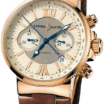 Gold-tone chronograph wristwatch with brown leather strap and Roman numerals, Ulysse Nardin dial, date window at 4 o'clock