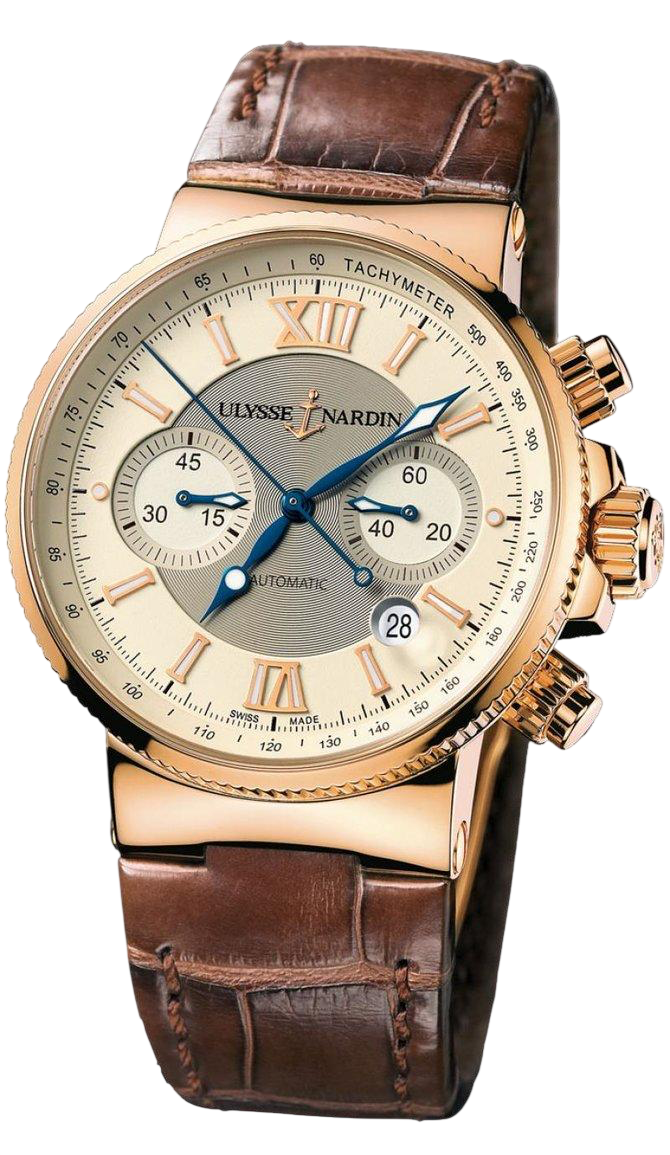 Gold-tone chronograph wristwatch with brown leather strap and Roman numerals, Ulysse Nardin dial, date window at 4 o'clock