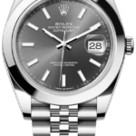 Rolex Oyster Perpetual Datejust stainless steel watch with grey dial and date window at 3 o'clock with Jubilee bracelet, front view.”,