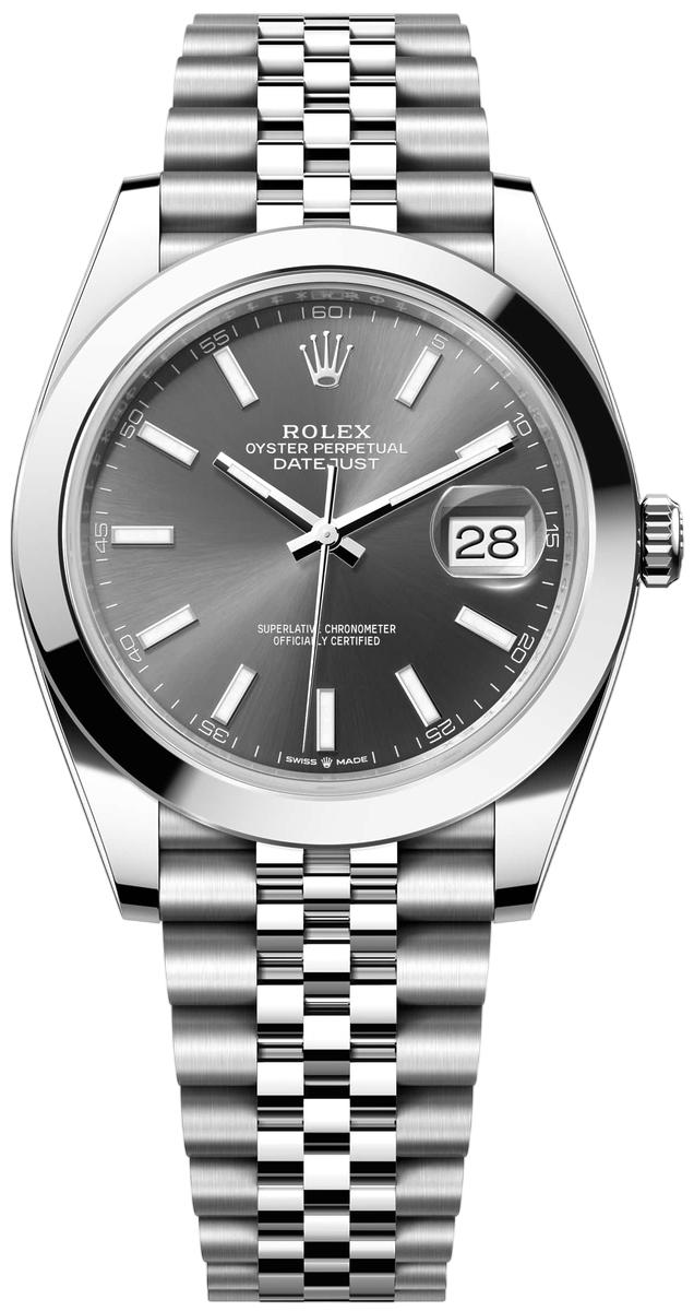 Rolex Oyster Perpetual Datejust stainless steel watch with grey dial and date window at 3 o'clock with Jubilee bracelet, front view.”,