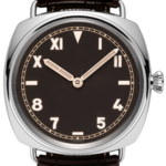 Brown leather-strap wristwatch with a black dial and silver case; time shown around 10:10.