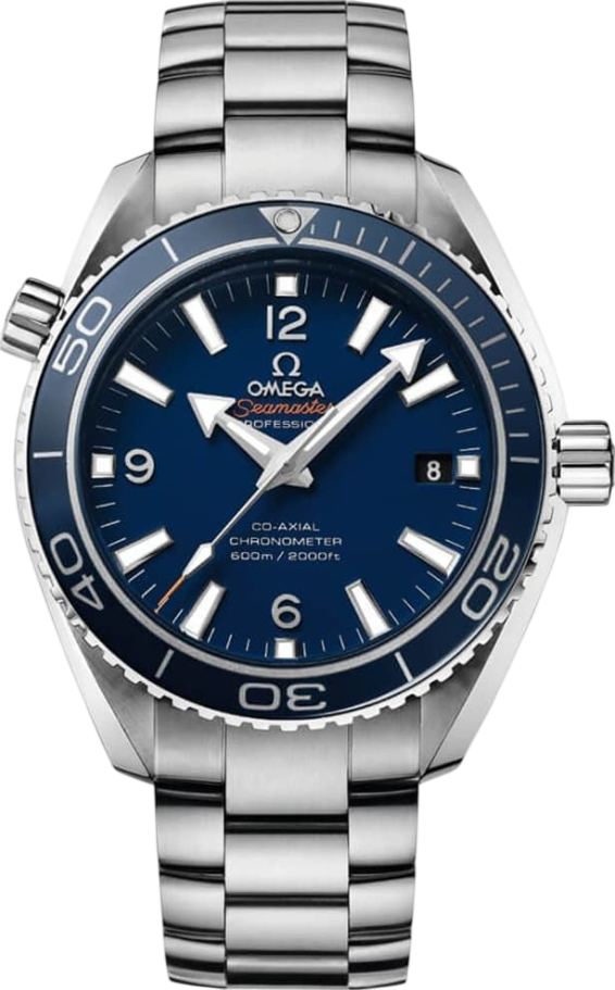 Omega Seamaster professional dive watch with blue dial, blue bezel, and date window on a stainless steel bracelet