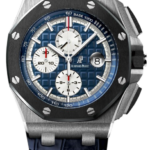 Stainless steel watch with a blue patterned dial, three subdials, and a date window at 3 o'clock; octagonal bezel with screws and a blue alligator strap.