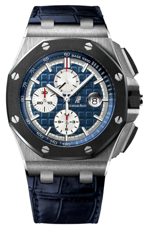 Stainless steel watch with a blue patterned dial, three subdials, and a date window at 3 o'clock; octagonal bezel with screws and a blue alligator strap.