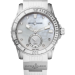 Ulysse Nardin stainless steel diving watch with a white strap, mother-of-pearl dial, diamond hour markers, a rotating bezel, and a date window at 6 o'clock.