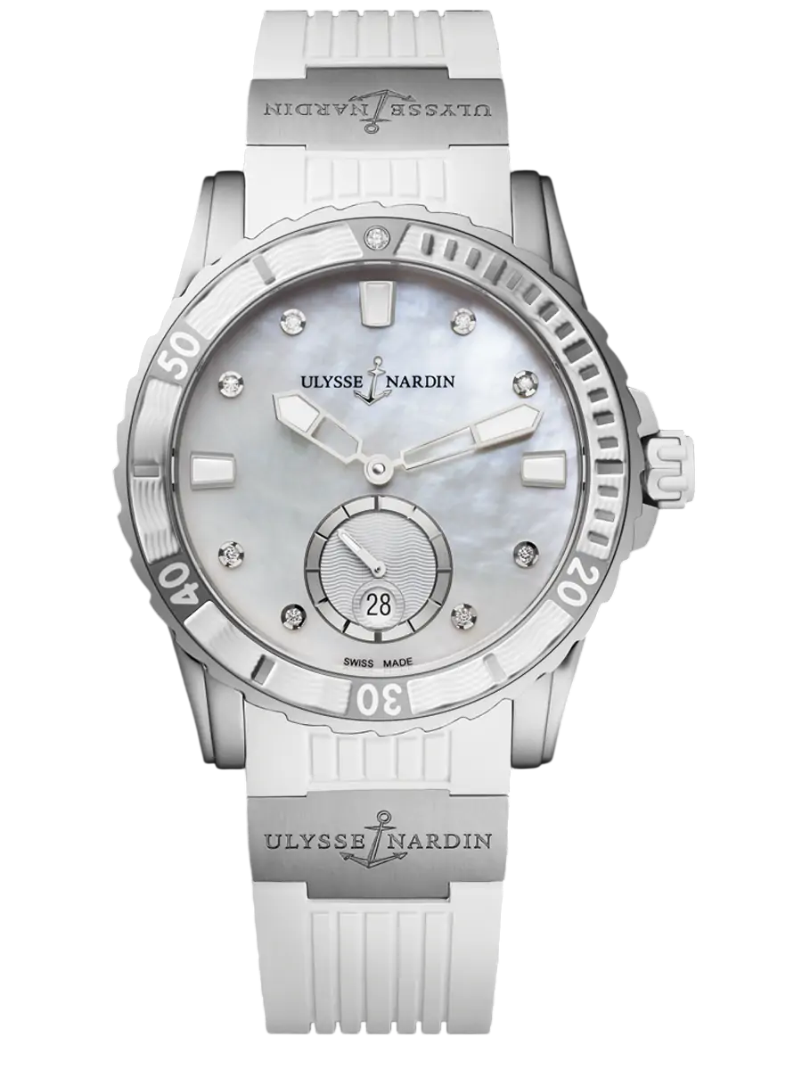 Ulysse Nardin stainless steel diving watch with a white strap, mother-of-pearl dial, diamond hour markers, a rotating bezel, and a date window at 6 o'clock.