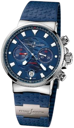 Ulysse Nardin blue dial chronograph watch with white hour markers and a blue textured strap. Includes date window at 6 o'clock and three subdials.