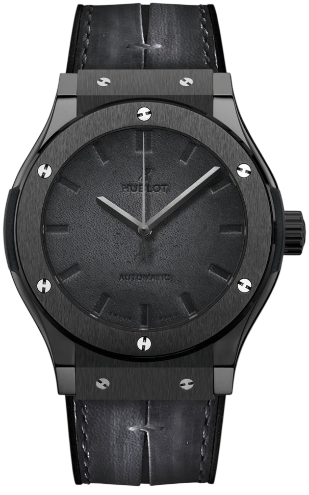 Black stainless steel wristwatch with a textured dark dial, silver hands, and a black leather strap.