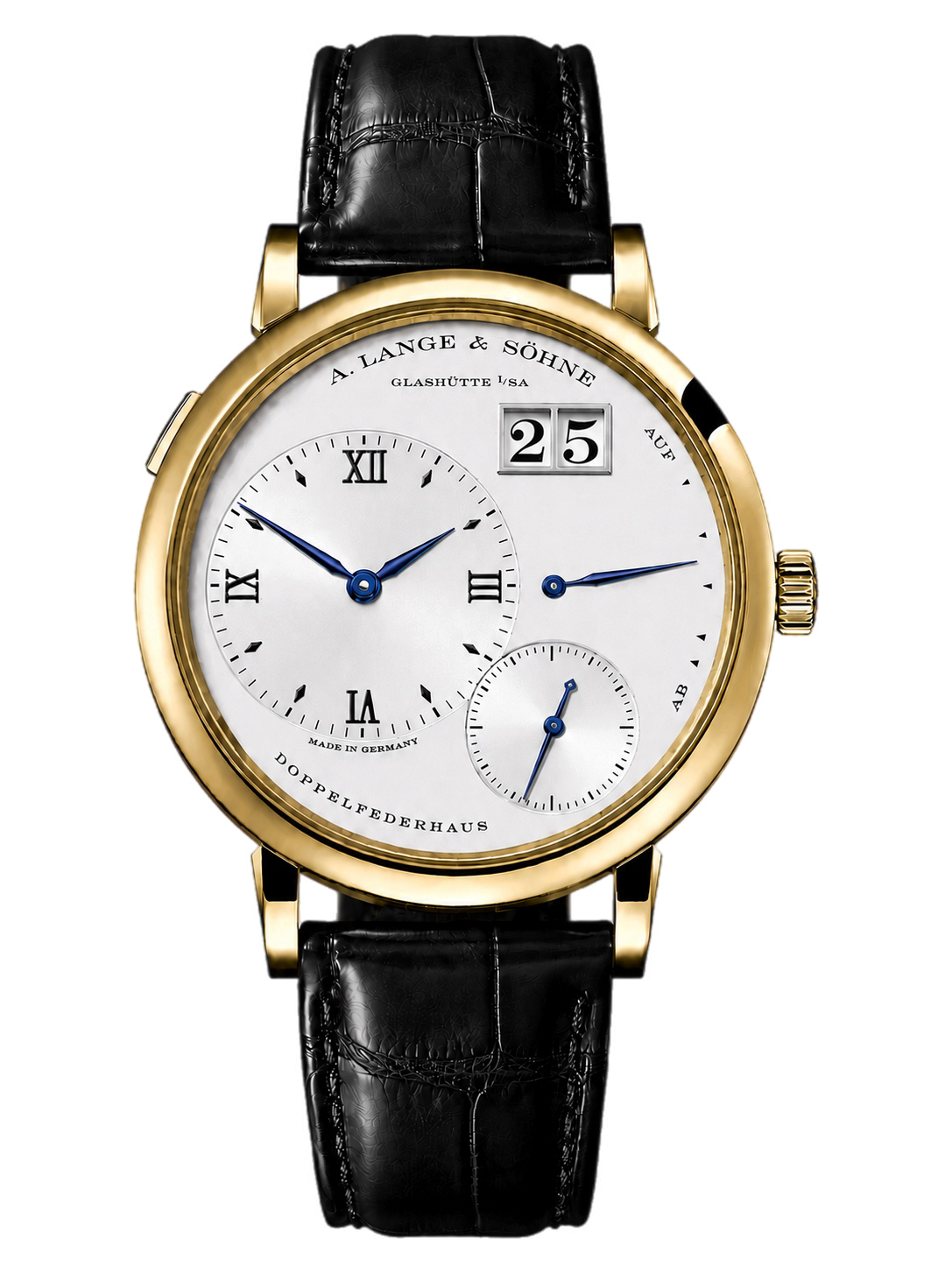 Gold A. Lange & Söhne wristwatch with white dial, blue hands, large date window, and black leather strap.