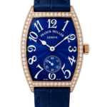 Luxurious blue Franck Muller watch with diamond-encrusted rose gold case and blue leather strap, front view