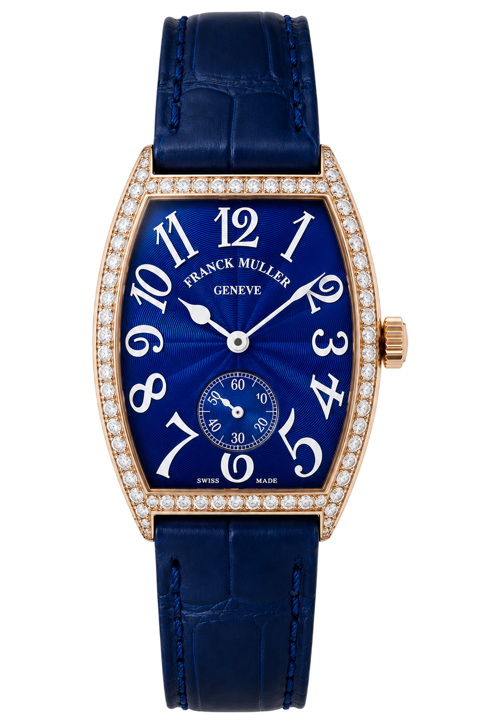 Luxurious blue Franck Muller watch with diamond-encrusted rose gold case and blue leather strap, front view