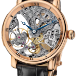 Skeleton wristwatch with rose-gold case, blue hands, and exposed gears on a black leather strap.