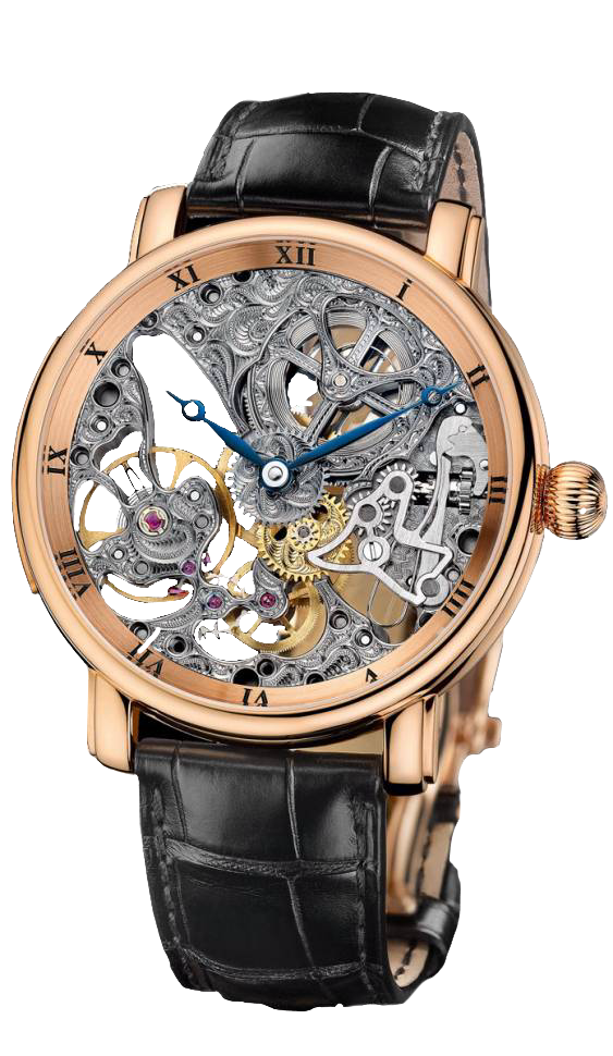 Skeleton wristwatch with rose-gold case, blue hands, and exposed gears on a black leather strap.