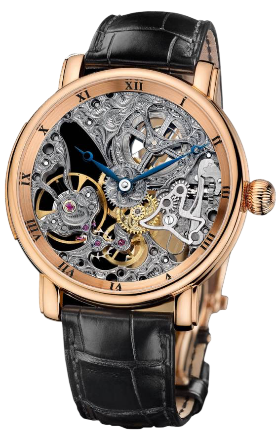 Skeleton wristwatch in rose gold with blue hands and visible gears, black leather strap.