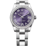 Rolex Oyster Perpetual Datejust watch with a purple dial, diamond bezel, and stainless steel bracelet