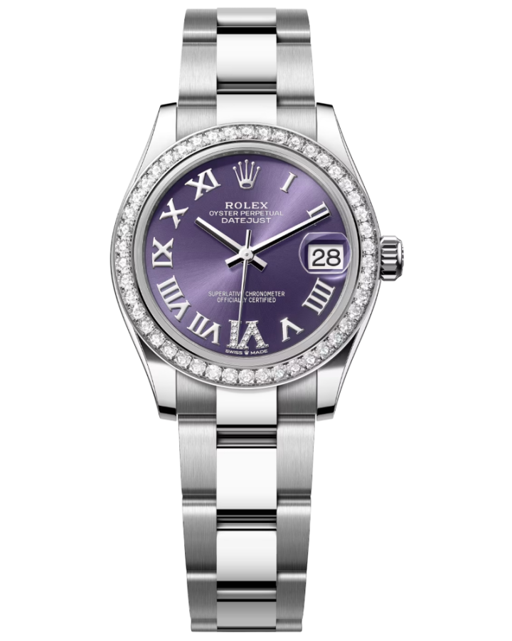 Rolex Oyster Perpetual Datejust watch with a purple dial, diamond bezel, and stainless steel bracelet
