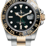 Rolex GMT‑Master II wristwatch with black dial, gold bezel, two‑tone gold and steel bracelet, and date window at 3 o'clock.