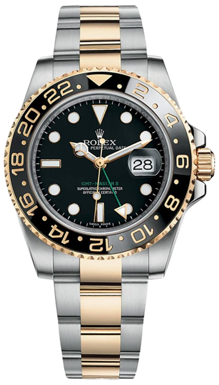Rolex GMT‑Master II wristwatch with black dial, gold bezel, two‑tone gold and steel bracelet, and date window at 3 o'clock.