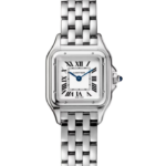 Cartier stainless steel wristwatch with a square face, Roman numeral dial, and blue hands on a white background