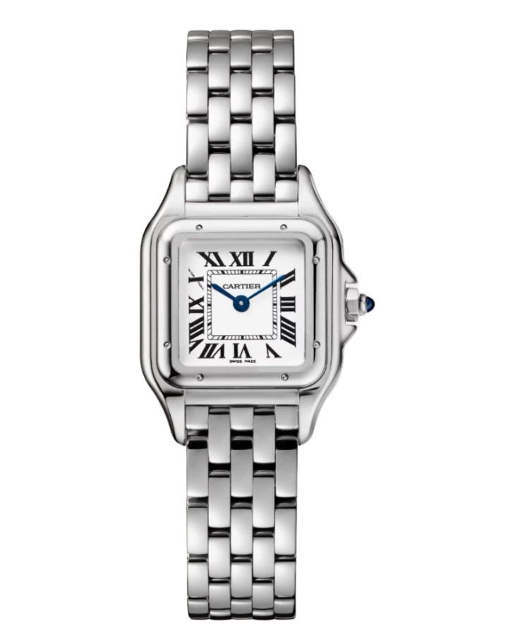 Cartier stainless steel wristwatch with a square face, Roman numeral dial, and blue hands on a white background
