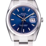 Rolex Oyster Perpetual Date wristwatch with a blue dial, silver indices, and a date window at 3 o'clock on a stainless steel bracelet.