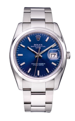 Rolex Oyster Perpetual Date wristwatch with a blue dial, silver indices, and a date window at 3 o'clock on a stainless steel bracelet.