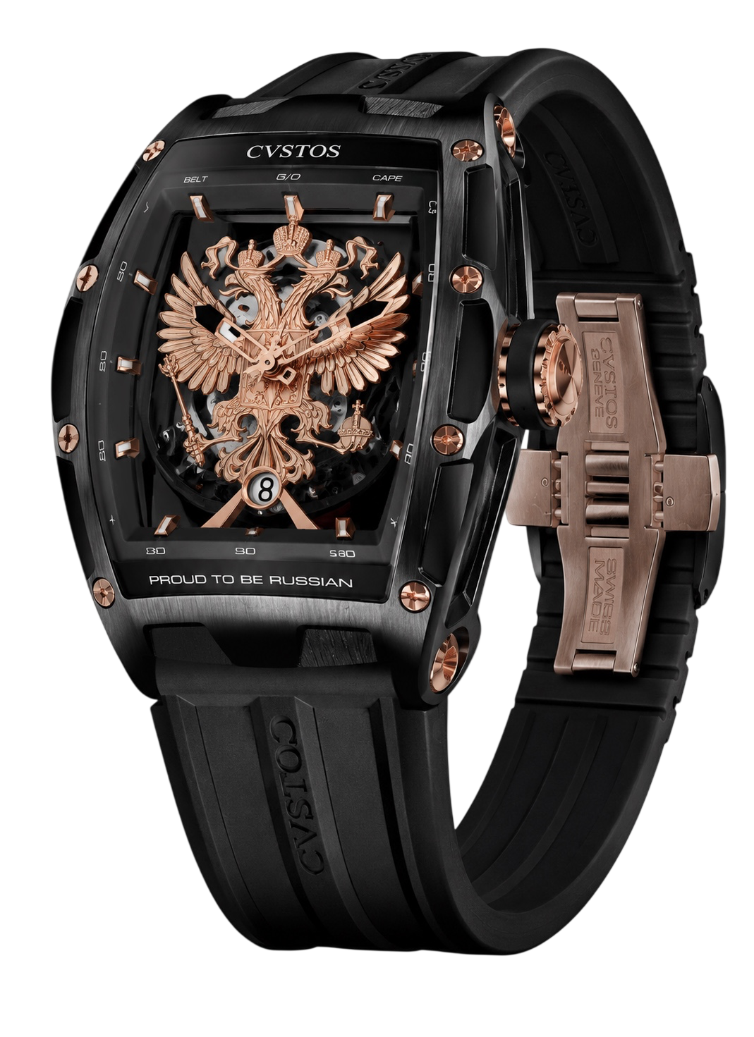 Cvstos luxury wristwatch with a black case and rose-gold skeleton dial featuring a detailed double-headed eagle, on a black rubber strap.