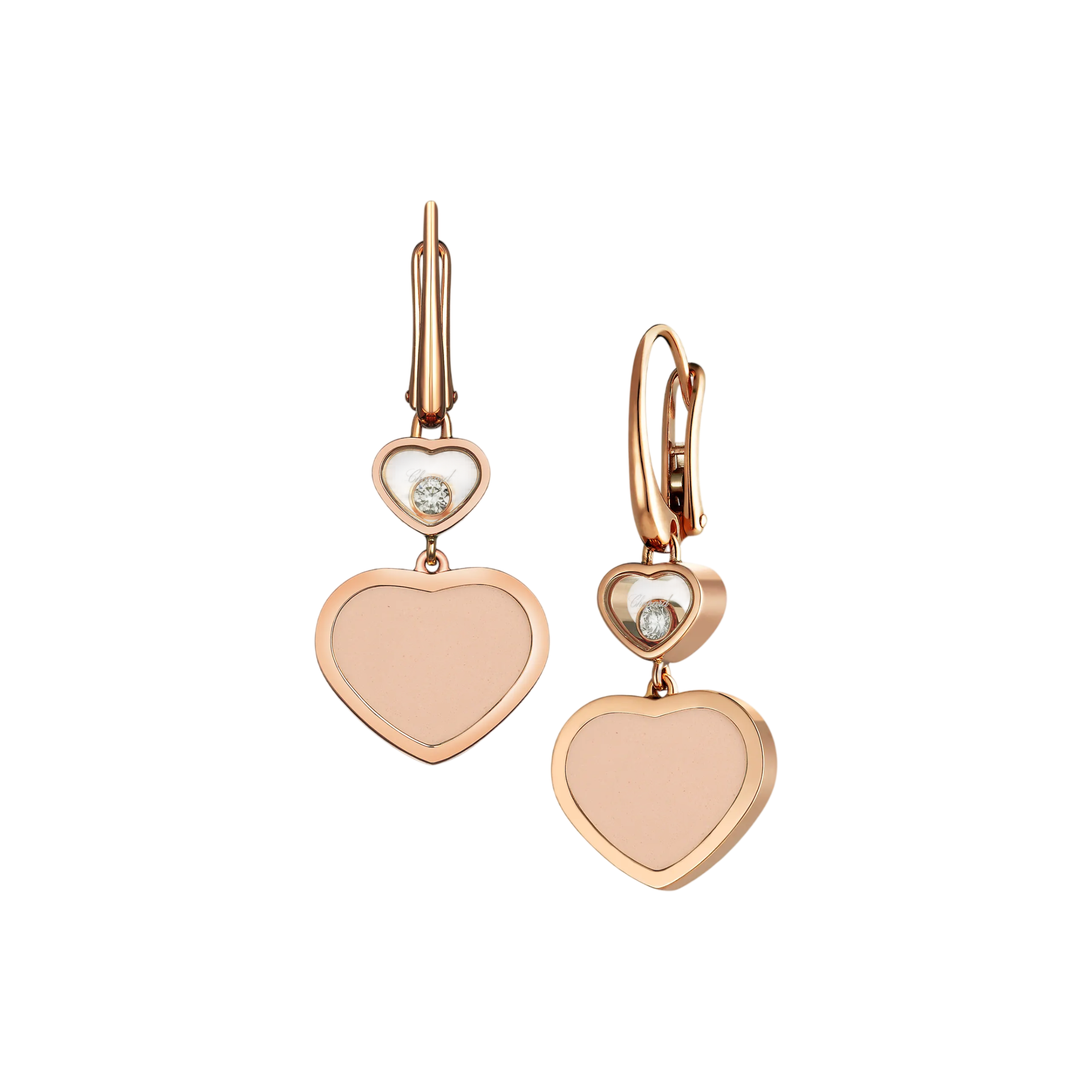 Rose-gold heart-shaped pendant with a crystal inset hanging from a chain, against a black background.