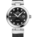 Omega Ladymati ladies' wristwatch with black dial, diamond hour markers, date window, and silver bracelet