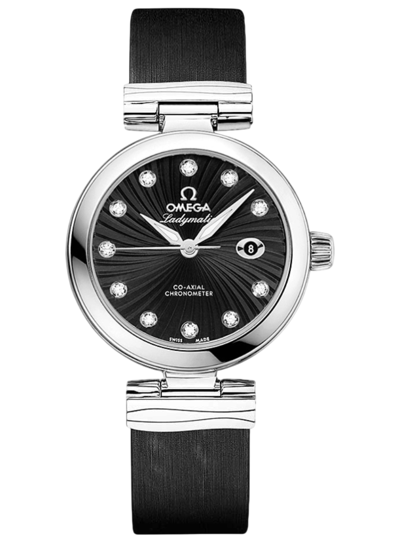 Omega Ladymati ladies' wristwatch with black dial, diamond hour markers, date window, and silver bracelet