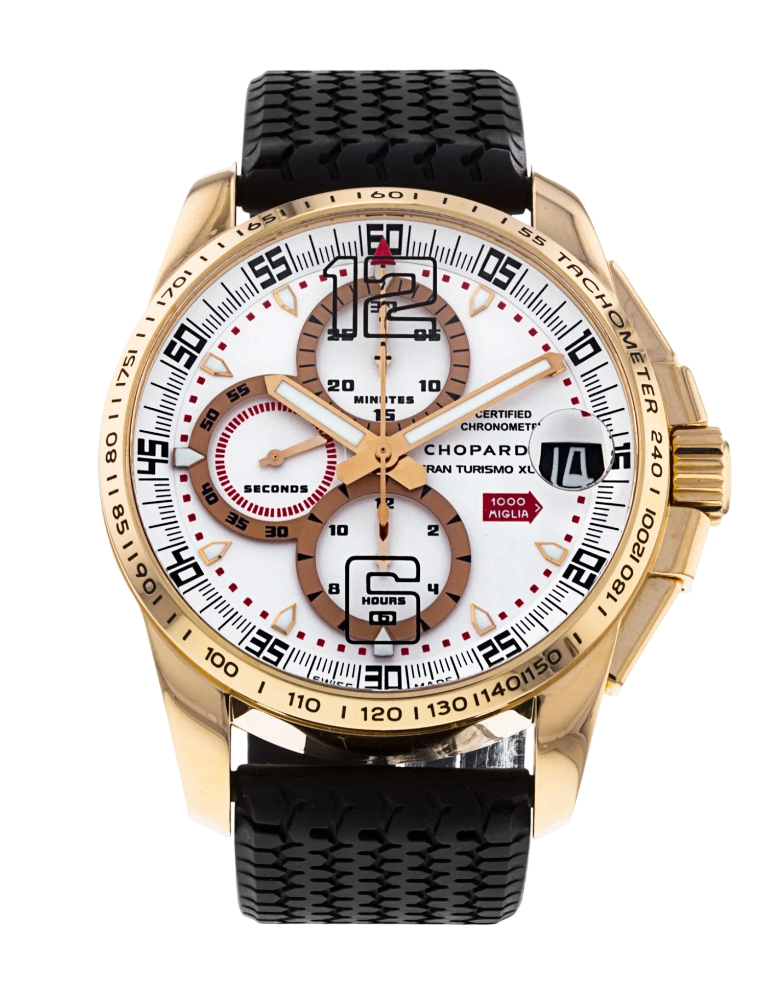 Gold-tone chronograph watch with white dial, multiple subdials, and a black textured strap.